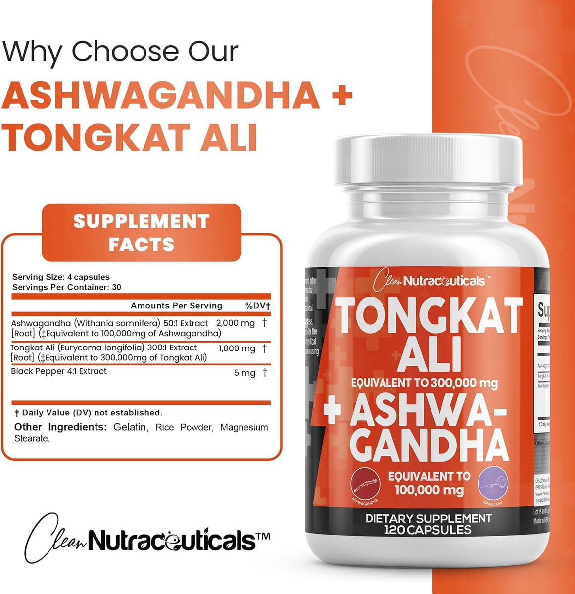 Clean Nutraceuticals Tongkat Ali 300,000mg and Ashwagandha